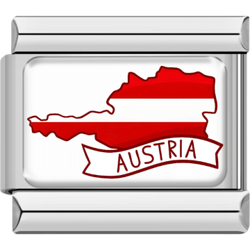 Italian charm with a silver frame featuring the map of Austria with horizontal red-white-red flag stripes and a curved banner labeled “Austria.”